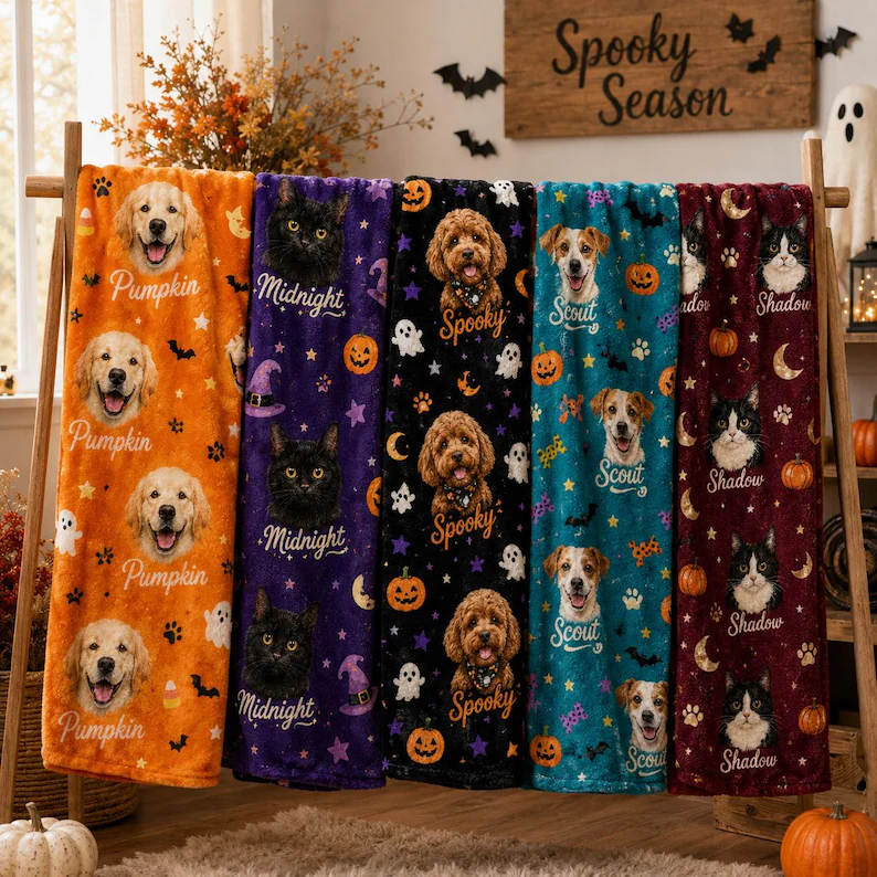 Custom Halloween Pet Portrait Blanket, Personalized Dog & Cat Photo Throw, Pumpkin Pet Lover Gift