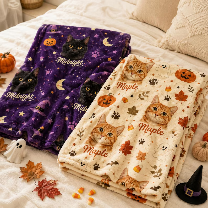 Custom Halloween Pet Portrait Blanket, Personalized Dog & Cat Photo Throw, Pumpkin Pet Lover Gift