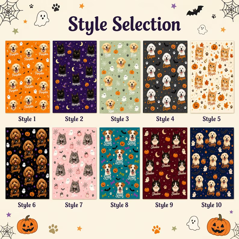 Custom Halloween Pet Portrait Blanket, Personalized Dog & Cat Photo Throw, Pumpkin Pet Lover Gift