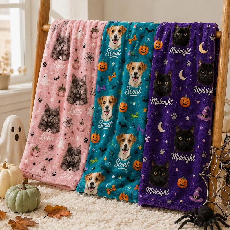 Custom Halloween Pet Portrait Blanket, Personalized Dog & Cat Photo Throw, Pumpkin Pet Lover Gift