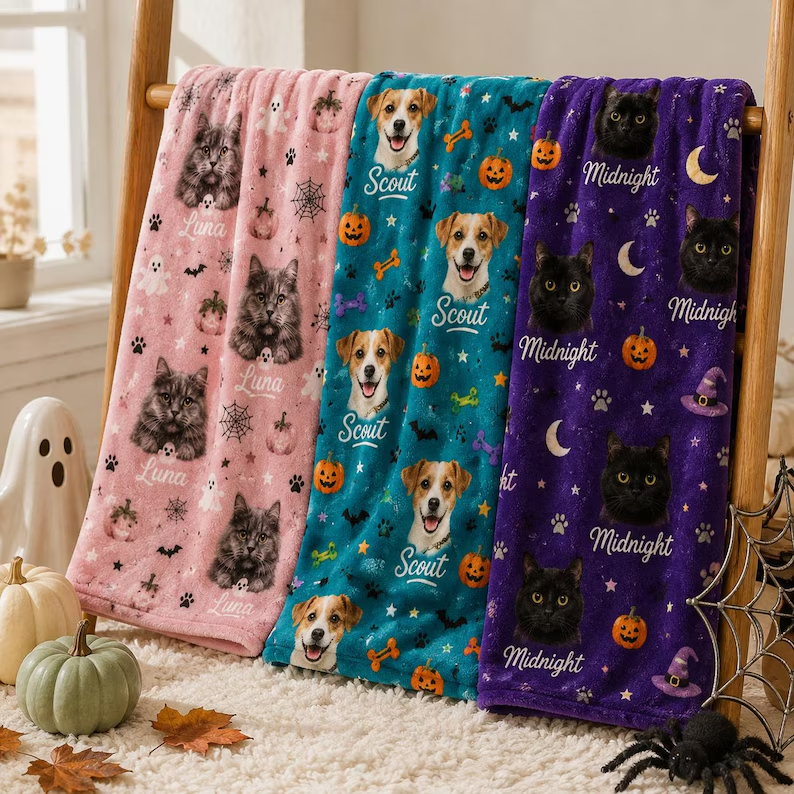 Custom Halloween Pet Portrait Blanket, Personalized Dog & Cat Photo Throw, Pumpkin Pet Lover Gift