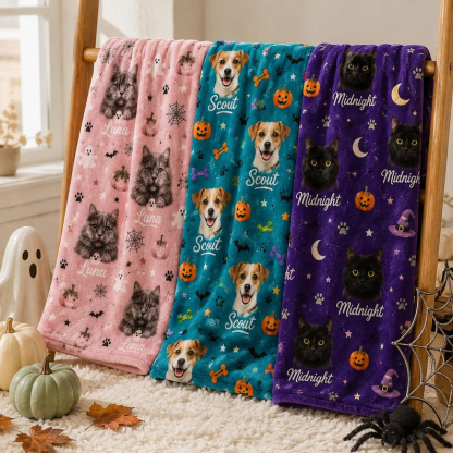 Custom Halloween Pet Portrait Blanket, Personalized Dog & Cat Photo Throw, Pumpkin Pet Lover Gift