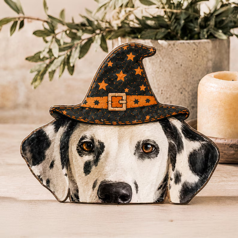 Custom Halloween Dog Portrait Wooden Block, Personalized Witch Dog Decor, Spooky Pet Lover Gift