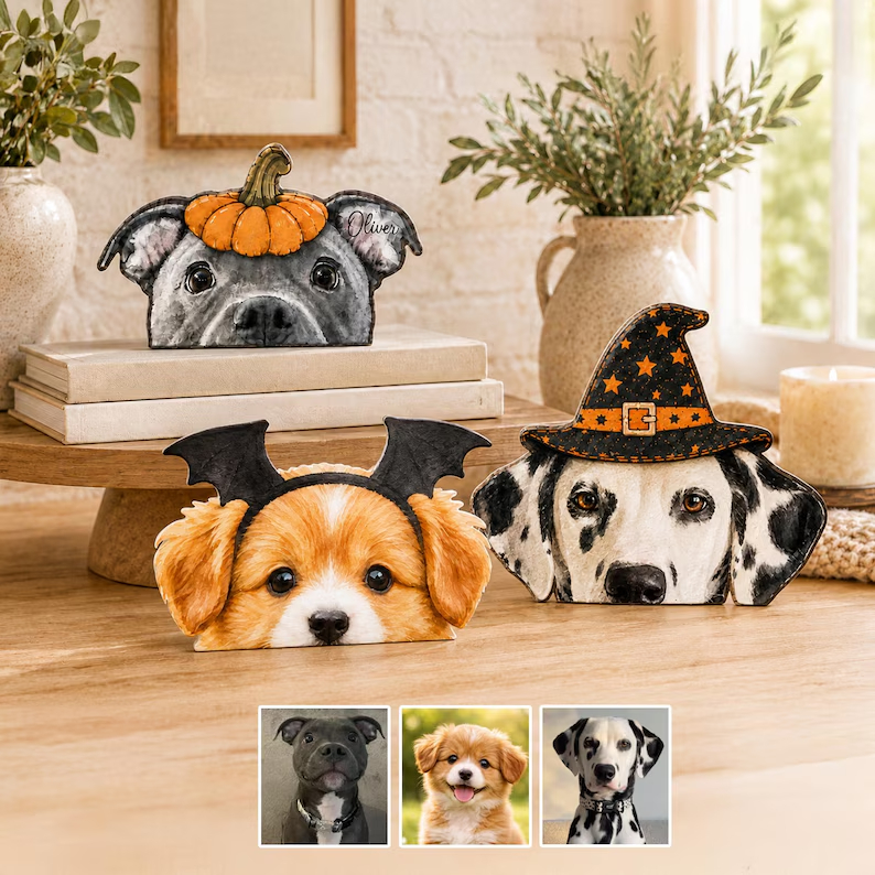 Custom Halloween Dog Portrait Wooden Block, Personalized Witch Dog Decor, Spooky Pet Lover Gift