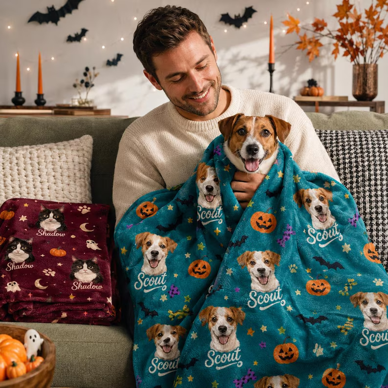 Custom Halloween Pet Portrait Blanket, Personalized Dog & Cat Photo Throw, Pumpkin Pet Lover Gift
