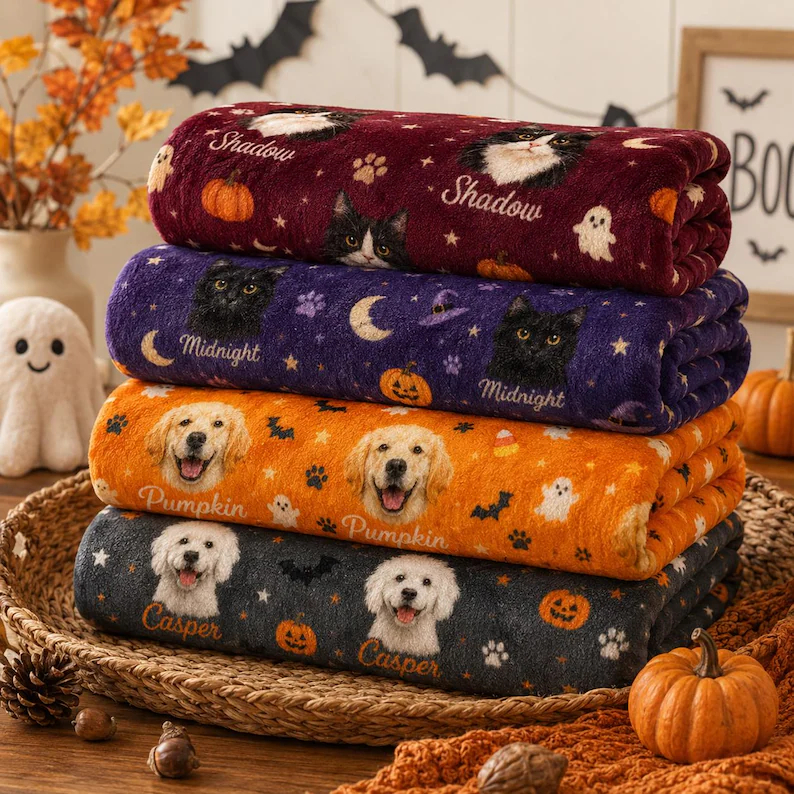 Custom Halloween Pet Portrait Blanket, Personalized Dog & Cat Photo Throw, Pumpkin Pet Lover Gift