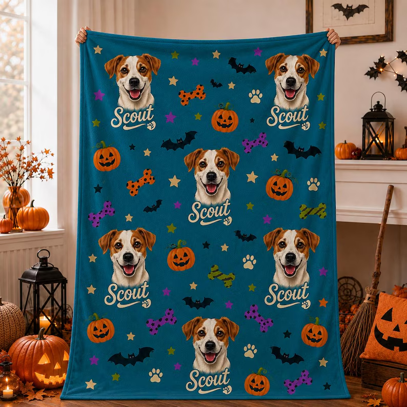 Custom Halloween Pet Portrait Blanket, Personalized Dog & Cat Photo Throw, Pumpkin Pet Lover Gift