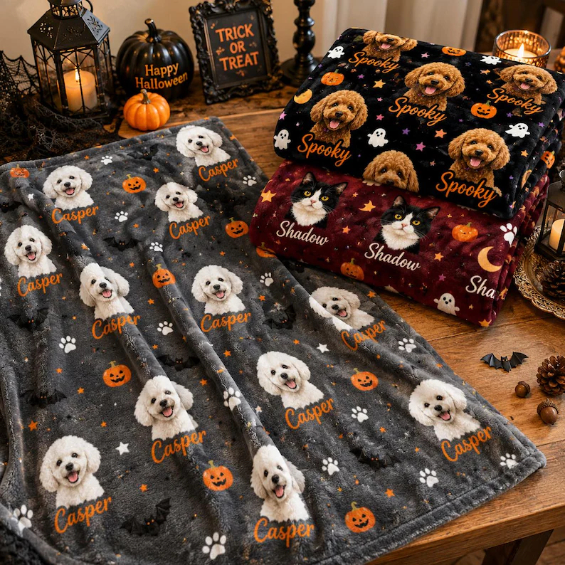 Custom Halloween Pet Portrait Blanket, Personalized Dog & Cat Photo Throw, Pumpkin Pet Lover Gift