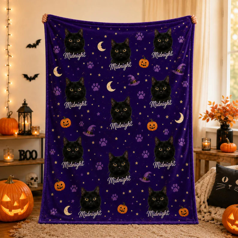 Custom Halloween Pet Portrait Blanket, Personalized Dog & Cat Photo Throw, Pumpkin Pet Lover Gift