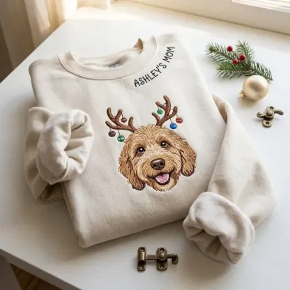 Embroidered Pet Portrait Christmas Sweatshirt, Reindeer Dog Crewneck, Custom Dog Mom Dad Holiday Sweater