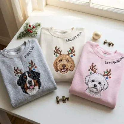 Embroidered Pet Portrait Christmas Sweatshirt, Reindeer Dog Crewneck, Custom Dog Mom Dad Holiday Sweater