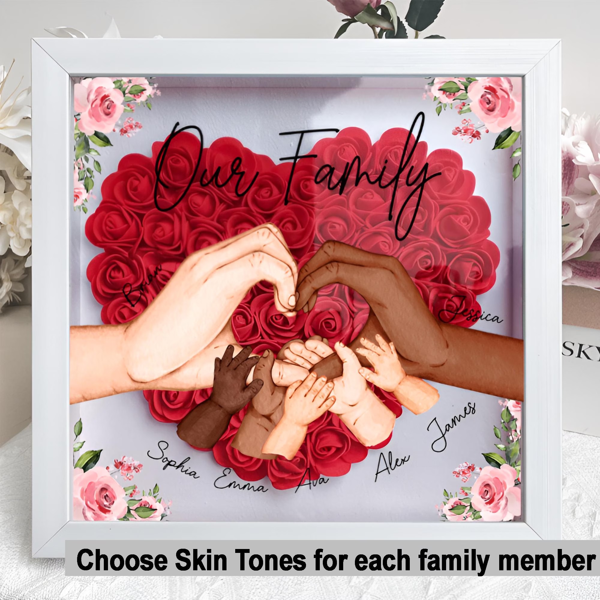 Personalized Flower Family Hands Shadow Box For Mom Gift,Mom Heart Flower Shadow Box,Flower Mother Day,Gift for Mom, Grandma Nana,Mommy-forlovever
