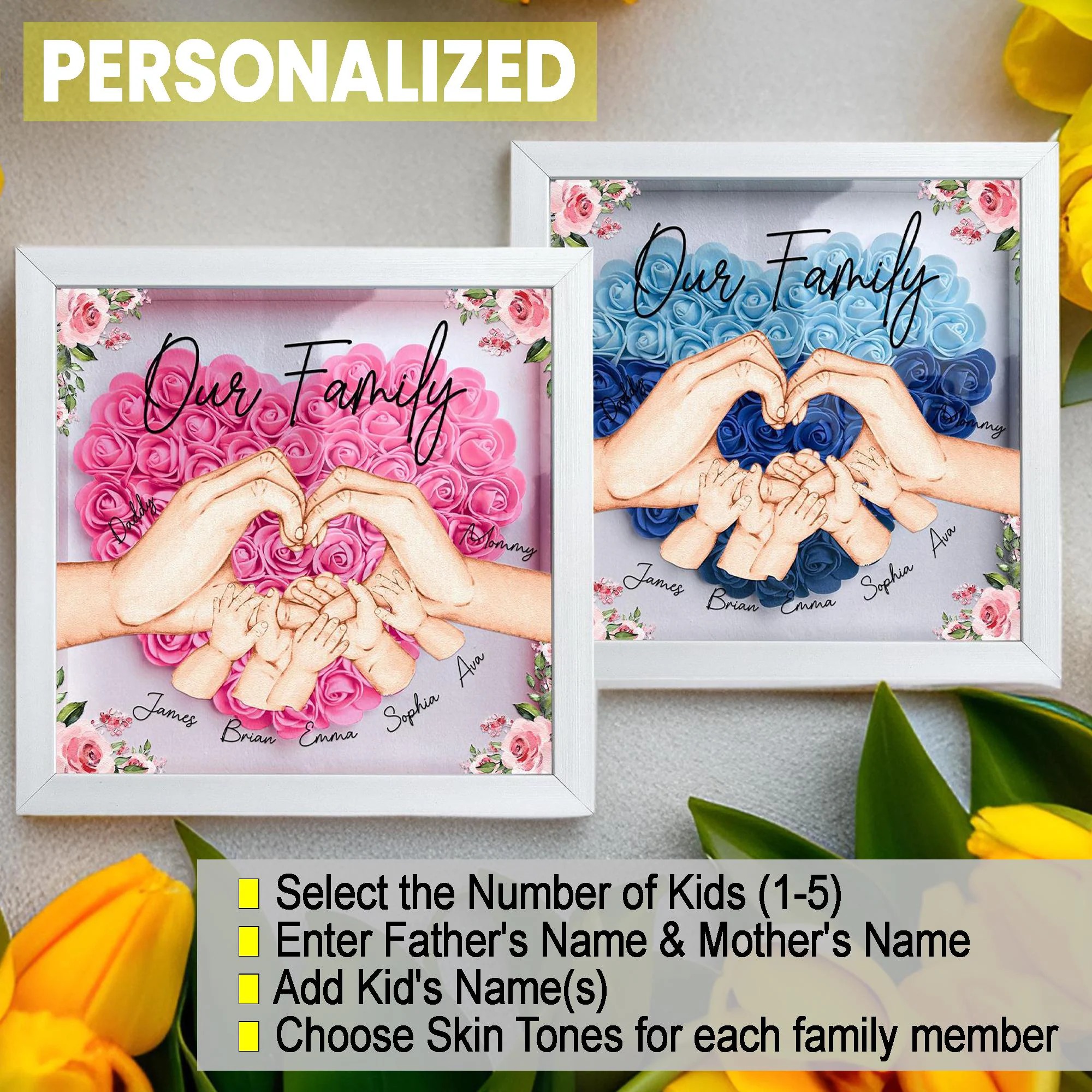 Personalized Flower Family Hands Shadow Box For Mom Gift,Mom Heart Flower Shadow Box,Flower Mother Day,Gift for Mom, Grandma Nana,Mommy-forlovever