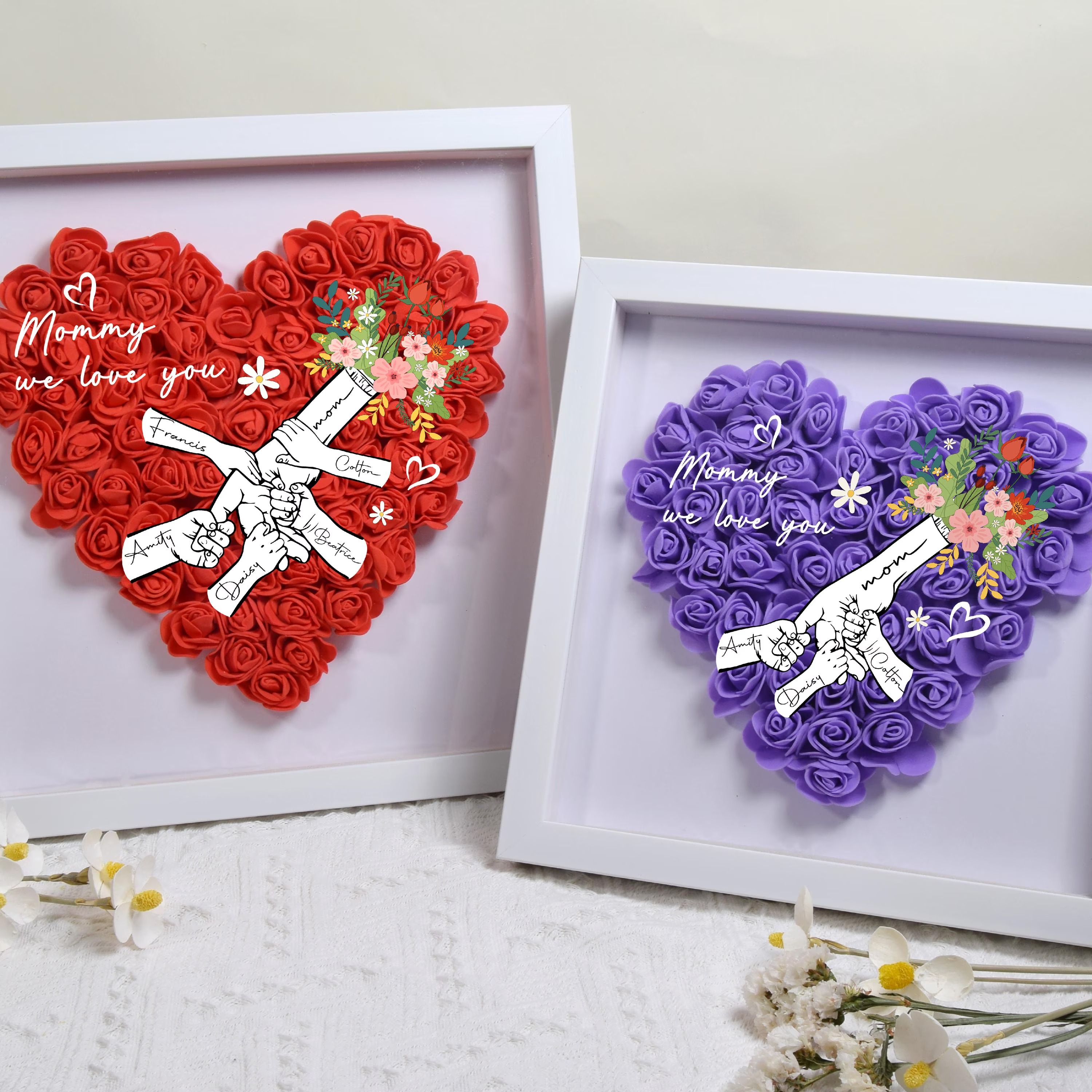 Personalized Flower Handprints Shadow Box For Mom Gift,Mom Heart Flower Shadow Box,Flower Mother Day,Gift for Mom, Grandma Nana, with Names-forlovever