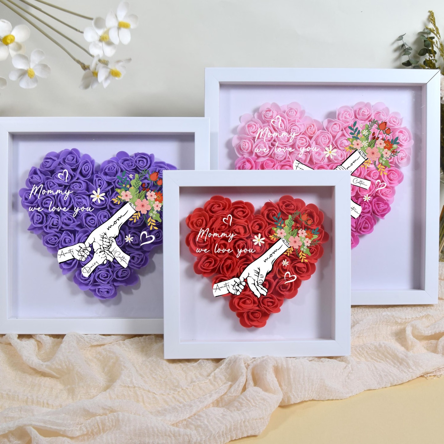 Personalized Flower Handprints Shadow Box For Mom Gift,Mom Heart Flower Shadow Box,Flower Mother Day,Gift for Mom, Grandma Nana, with Names-forlovever