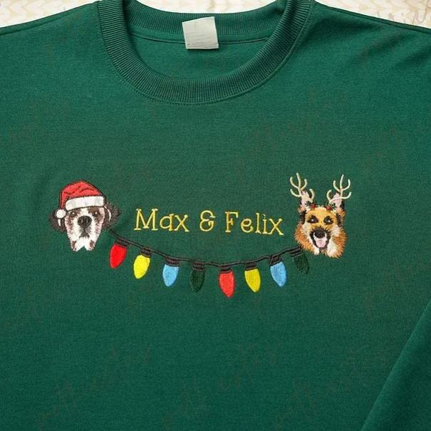Custom 2 Pets Portrait and Christmas String Lights Embroidered Sweatshirt, Hoodie, T-shirt-forlovever