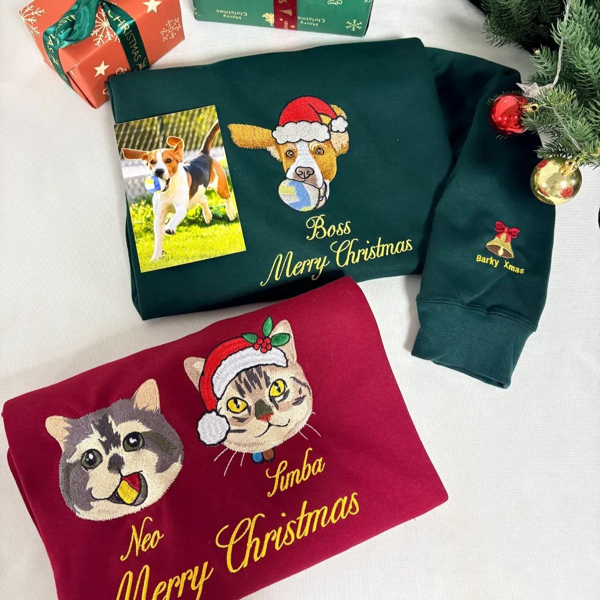 Custom Embroidered Pet Photo Christmas Sweatshirt Hoodie T-shirt Christmas Gift