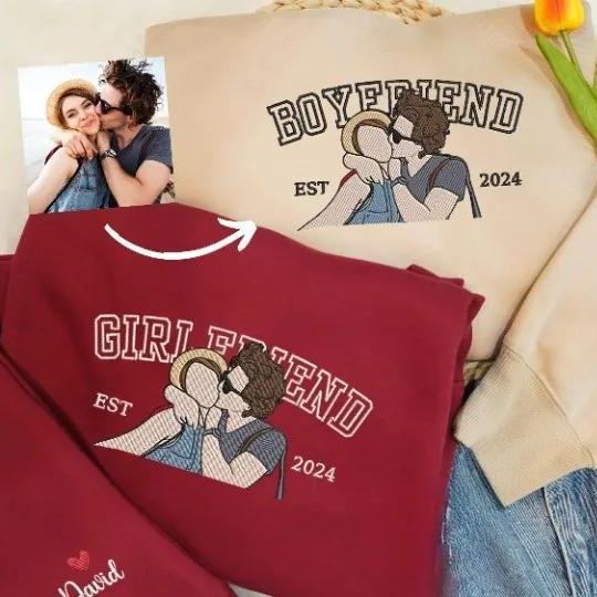 Forlovever Personalized Girlfriend & Boyfriend Embroidered Portrait from Photo Hoodie