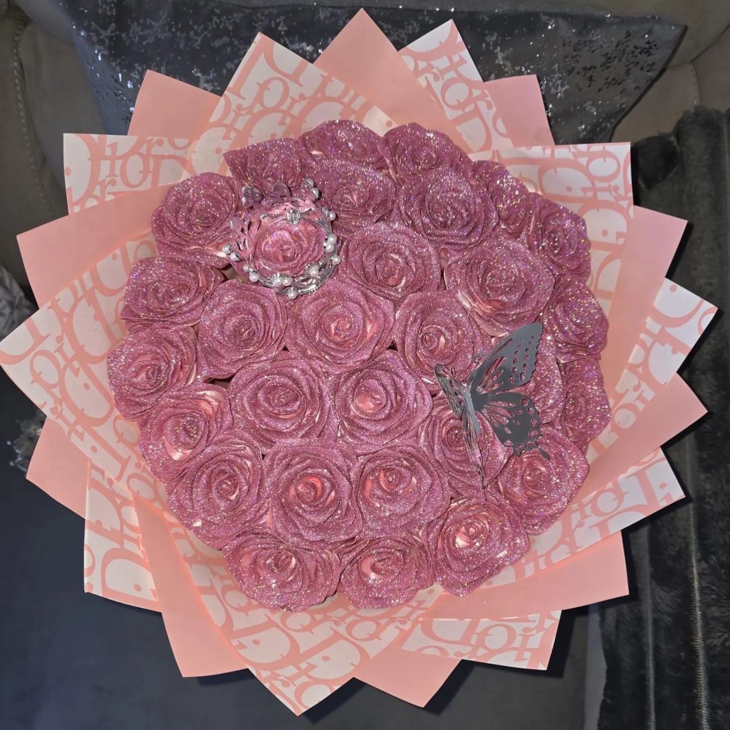 Pink Glitter Rose Bouquet-Couple Glitter Everlasting Rose Bouquet (Never Wither)