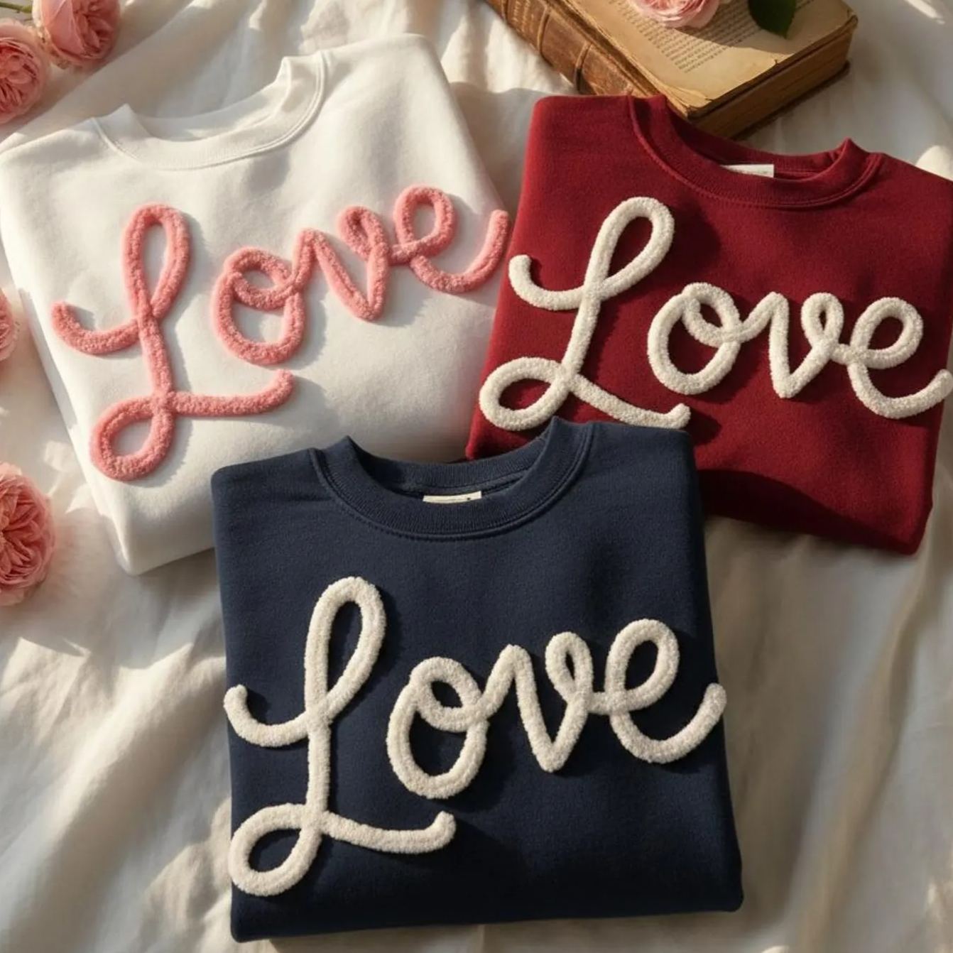 LOVE Yarn Embroidered Valentine's Day Sweatshirt, Anniversary Gift Chenille Sweater