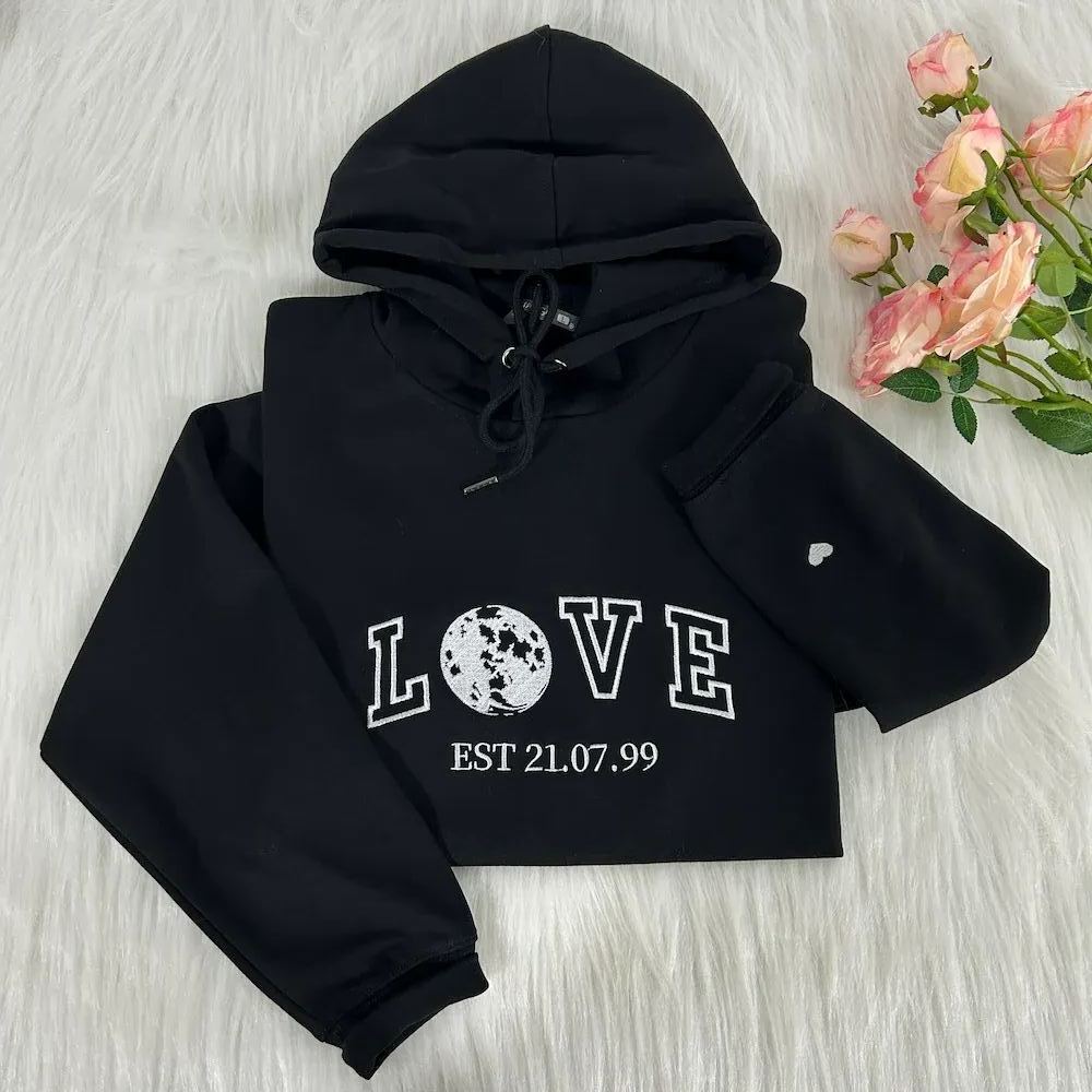 Custom "Two Hearts, One Moon" Anniversary/Birthday LOVE Embroidered EST Year Hoodie