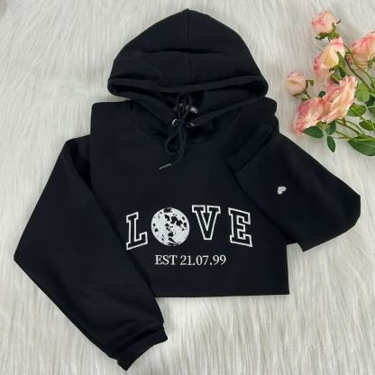 Custom "Two Hearts, One Moon" Anniversary/Birthday LOVE Embroidered EST Year Hoodie