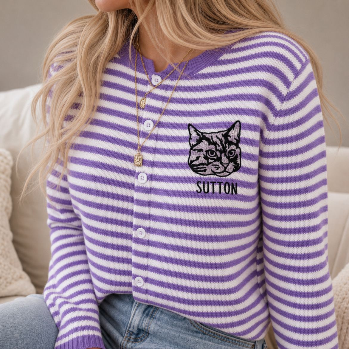 Personalized Pet Portrait Outline Embroidered Sweater for Women – Custom Dog & Cat Lover Pullover