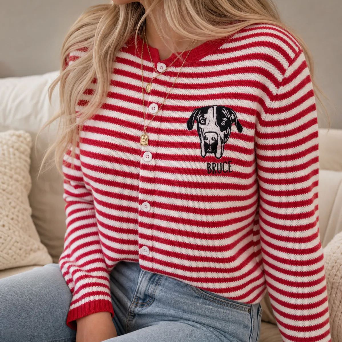 Personalized Pet Portrait Outline Embroidered Sweater for Women – Custom Dog & Cat Lover Pullover