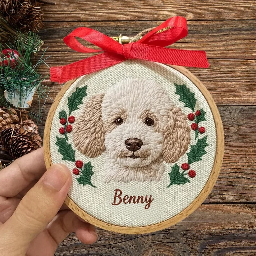 Custom Embroidered Dog Cat Pet Portraitl Ornament Christmas Keepsake Gift for Pet Lovers