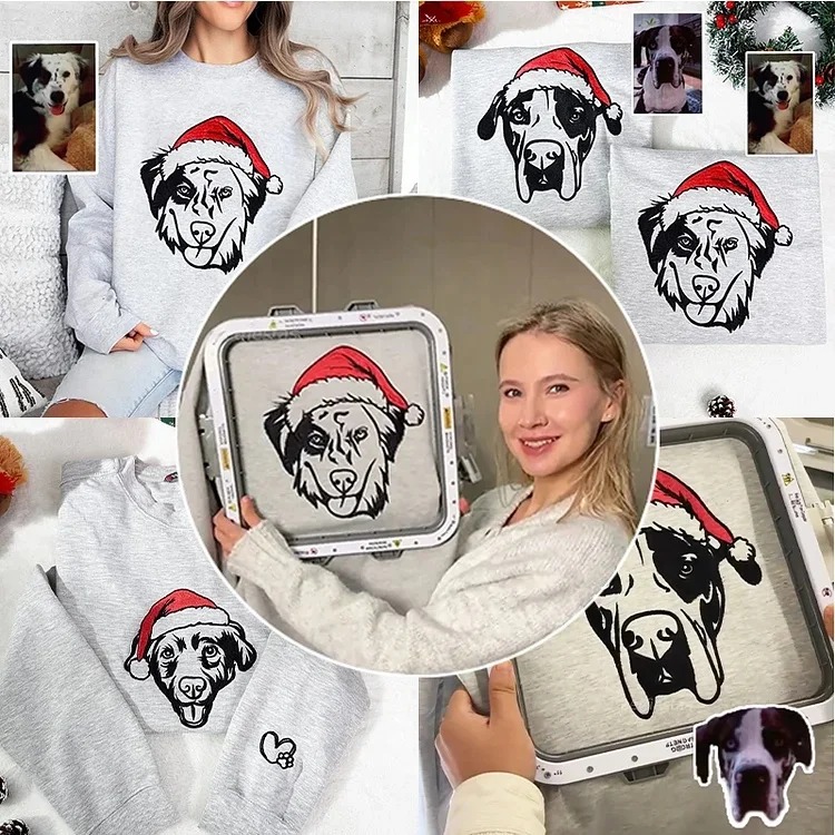 Custom Pet Face Embroidered Hoodie or Sweatshirt with Colorful Santa Hat , Christmas & Memorial Gift