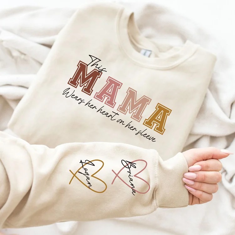 Printed Personalized Heart On Sleeve Sweatshirt | Meaningful Gift For Mama & Grandma