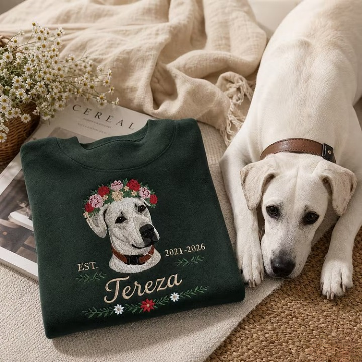 Custom Pet Portrait Embroidery Apparel Front Back Design Flower Crown Gift for Pet Lovers