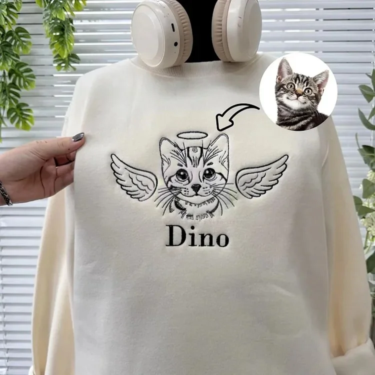 Custom Angel Cat Photo Outline Embroidered Sweatshirt, Hoodie, T-Shirt-forlovever