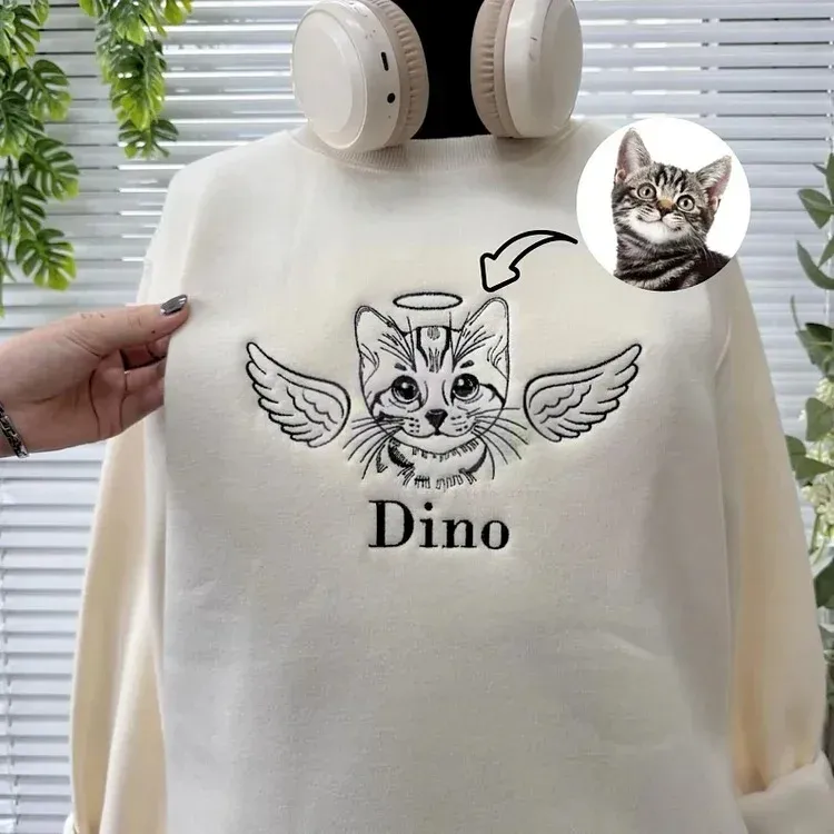 Custom Angel Cat Photo Outline Embroidered Sweatshirt, Hoodie, T-Shirt-forlovever