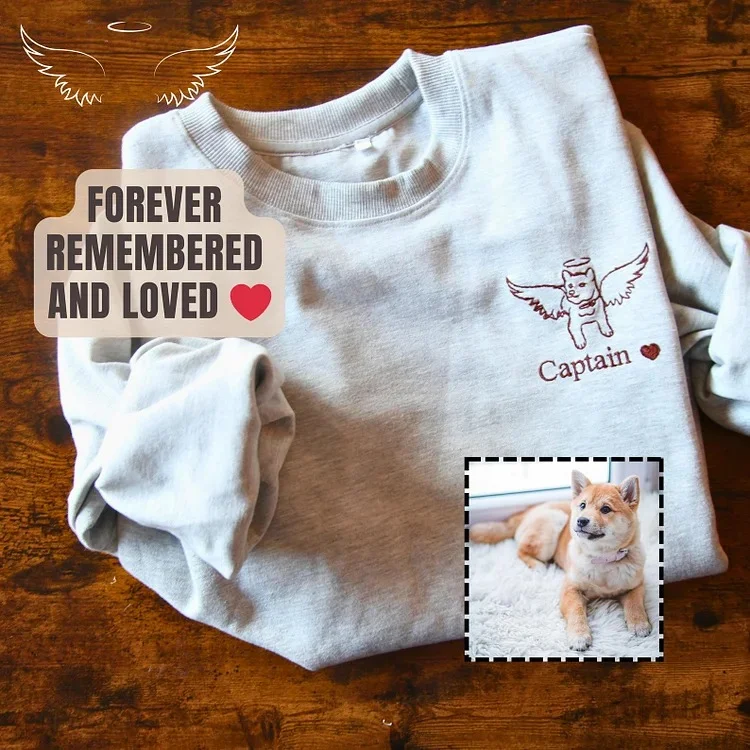 Custom Angel Pet Photo Full Body Outline Embroidery Sweatshirt, Hoodie, T-Shirt-forlovever