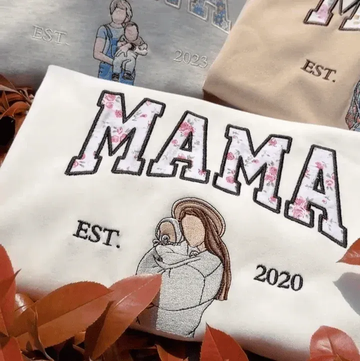 Mama Sweatshirt Floral Embroidered Portrait Custom Sleeve Name Mothers Day Gift for Mom