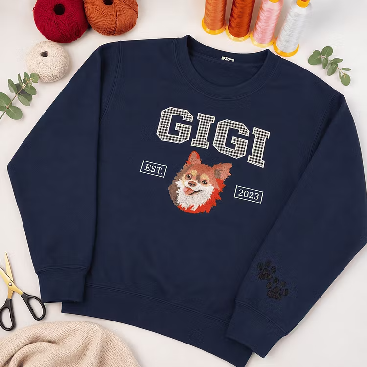 Custom Pet Portrait Embroidered Sweatshirt with Gingham Appliqué Name, Embroidered Dog Varsity Crewneck