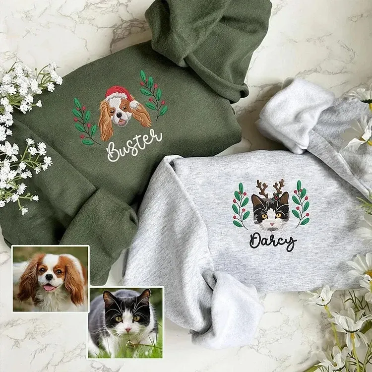 Custom Christmas Fruit Wreath Pet Portrait Embroidered Sweatshirt, Hoodie, T-Shirt-forlovever