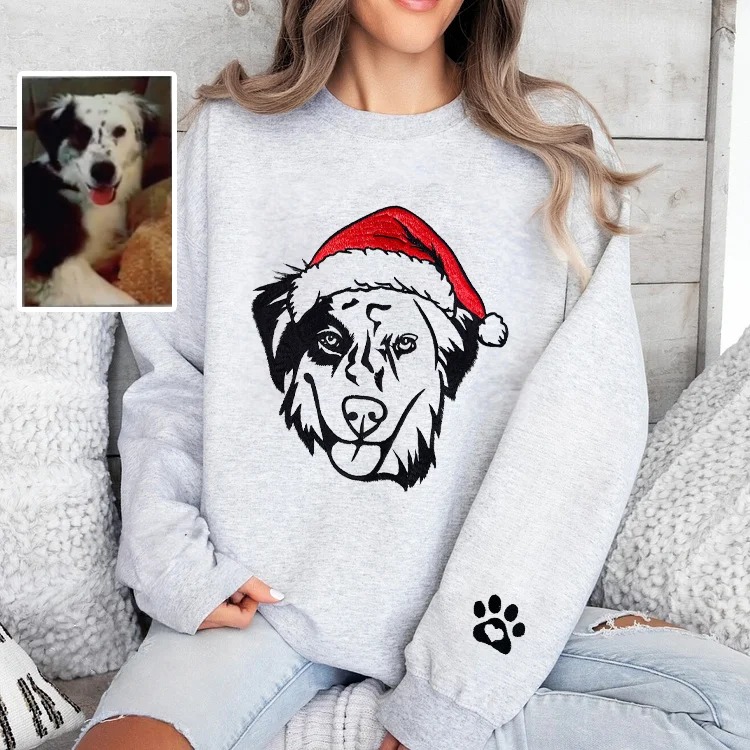 Custom Pet Face Embroidered Hoodie or Sweatshirt with Colorful Santa Hat , Christmas & Memorial Gift