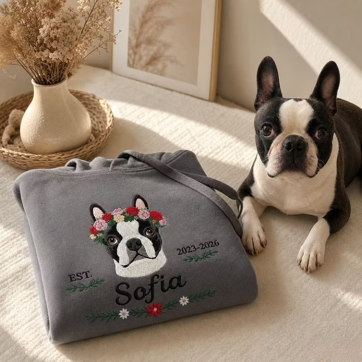 Custom Pet Portrait Embroidery Apparel Front Back Design Flower Crown Gift for Pet Lovers