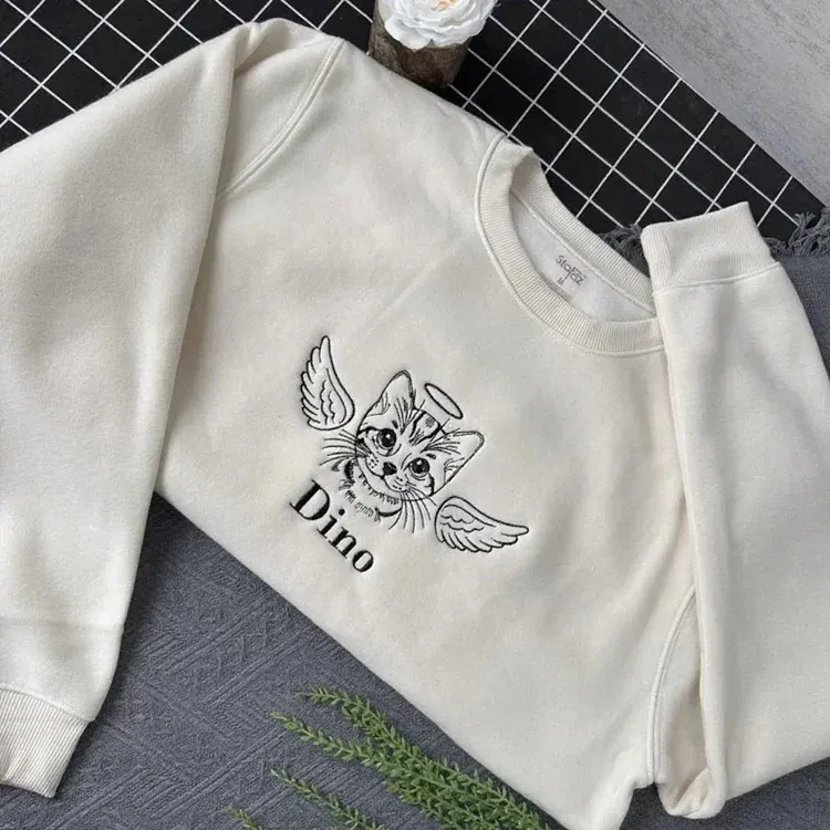 Custom Angel Cat Photo Outline Embroidered Sweatshirt, Hoodie, T-Shirt-forlovever