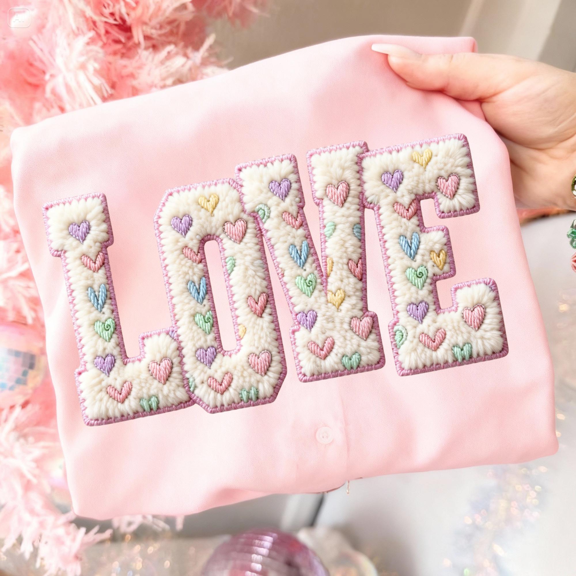 Retro Faux Wool Crochet Wool Heart-Shaped Valentine's Day Print Sweatshirt