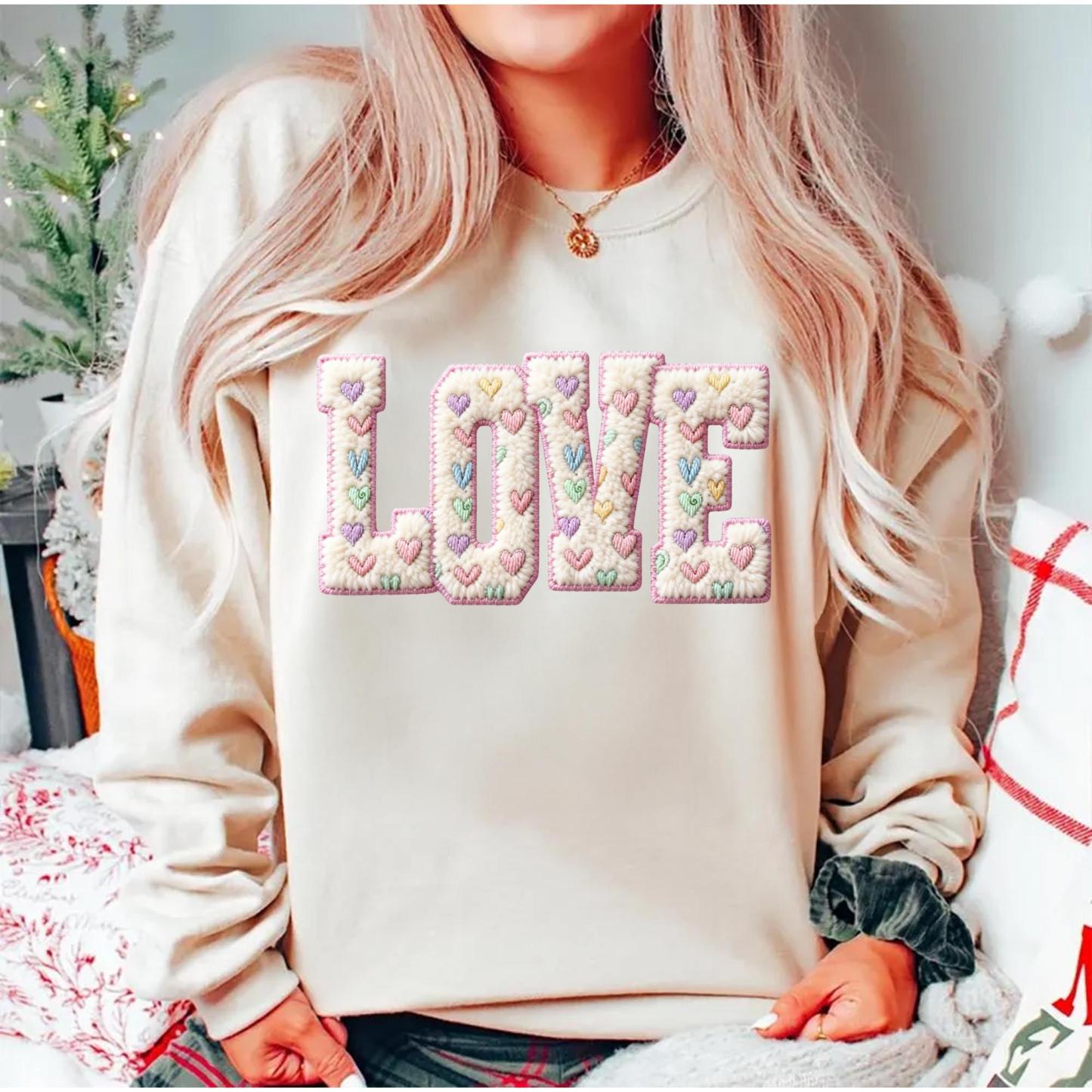 Retro Faux Wool Crochet Wool Heart-Shaped Valentine's Day Print Sweatshirt