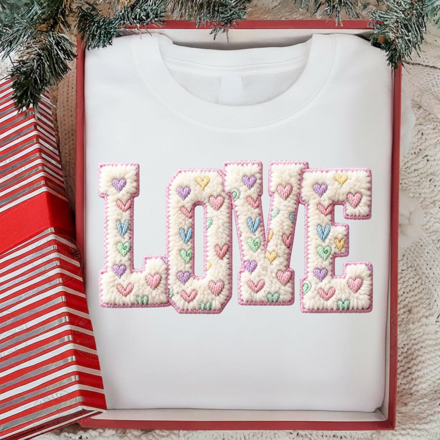 Retro Faux Wool Crochet Wool Heart-Shaped Valentine's Day Print Sweatshirt