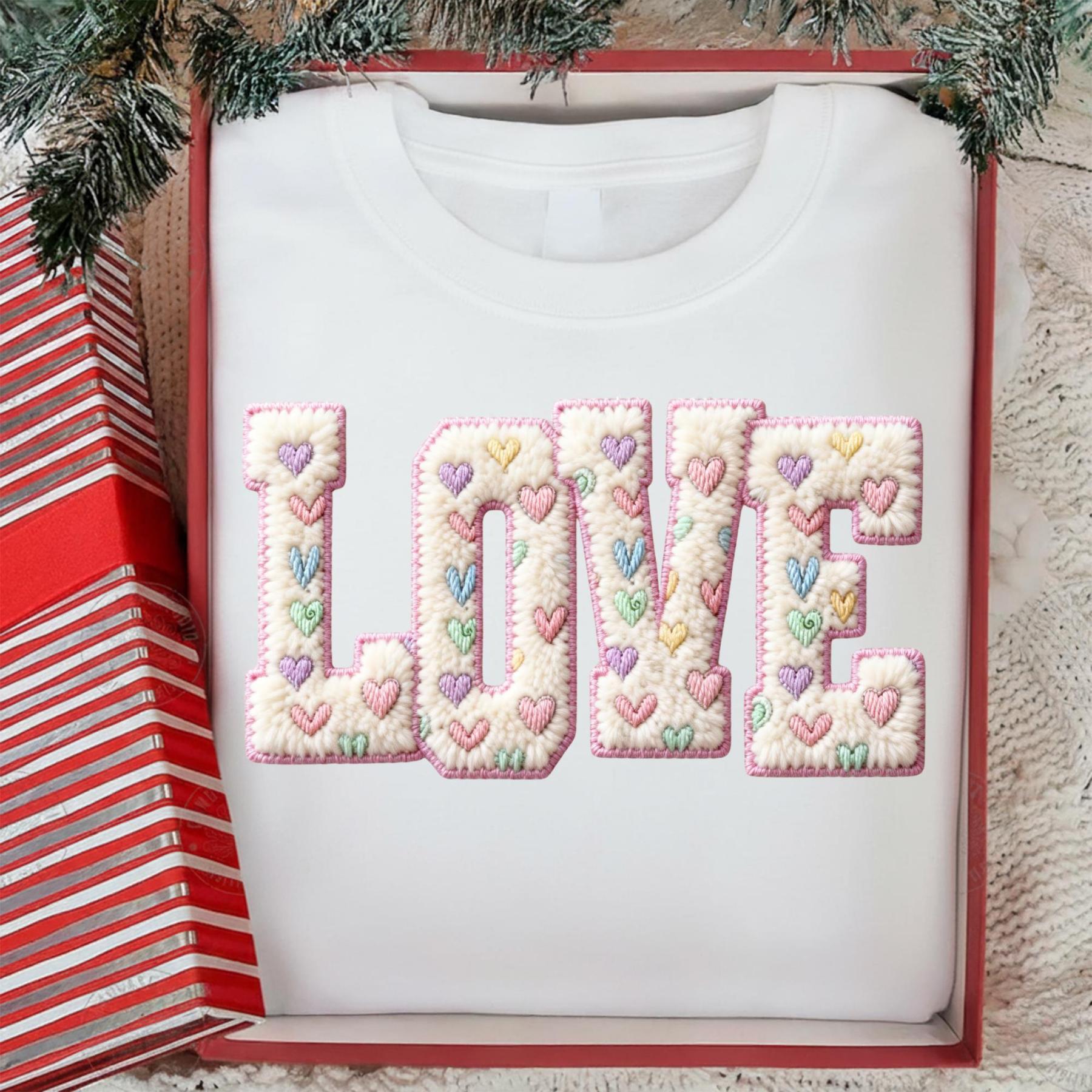 Retro Faux Wool Crochet Wool Heart-Shaped Valentine's Day Print Sweatshirt
