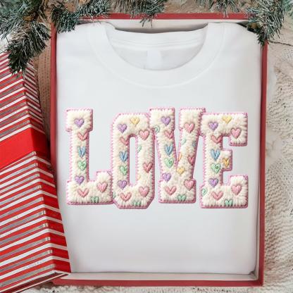 Retro Faux Wool Crochet Wool Heart-Shaped Valentine's Day Print Sweatshirt