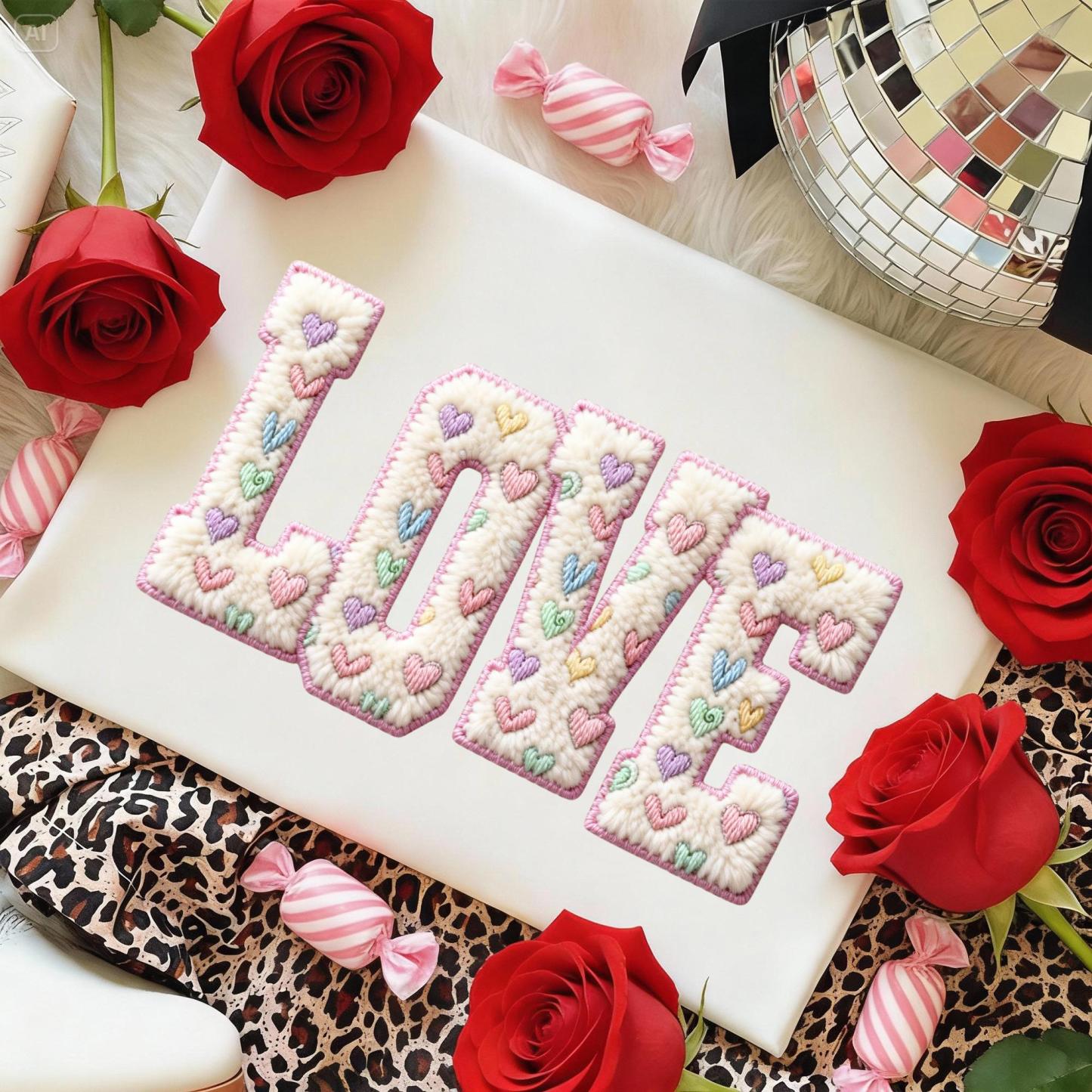 Retro Faux Wool Crochet Wool Heart-Shaped Valentine's Day Print Sweatshirt