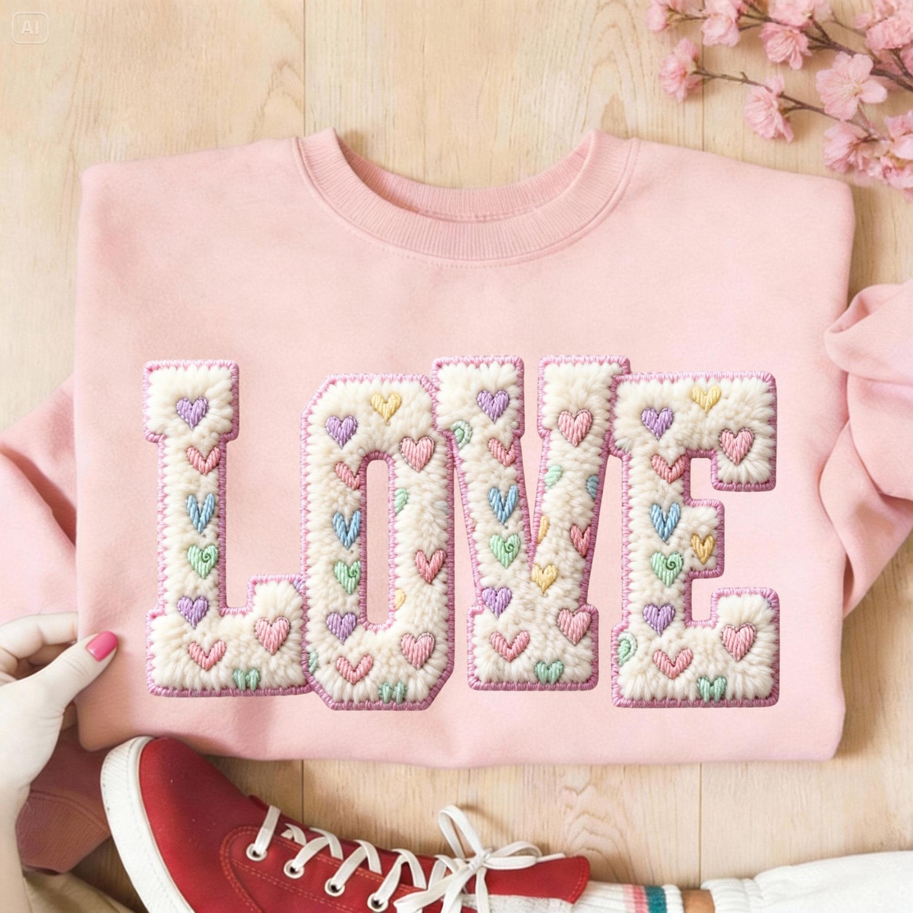 Retro Faux Wool Crochet Wool Heart-Shaped Valentine's Day Print Sweatshirt