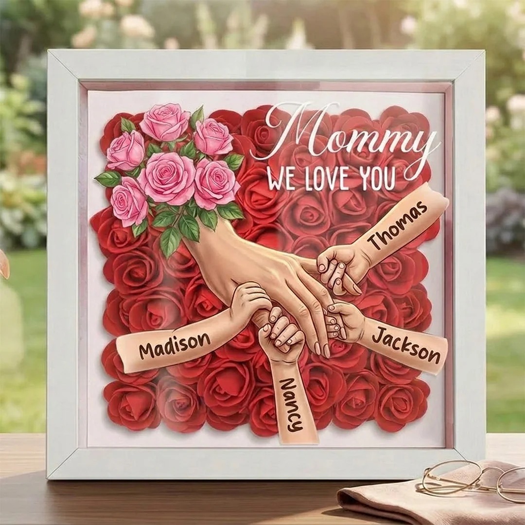 Forlovever™ Pink Rose Personalized Mom Holding Hands Shadow Box – Custom Name Remembrance Frame, Mother’s Day In Loving Memory Gift