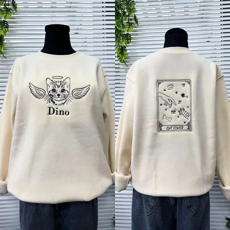 Custom Angel Cat Photo Outline Embroidered Sweatshirt, Hoodie, T-Shirt-forlovever